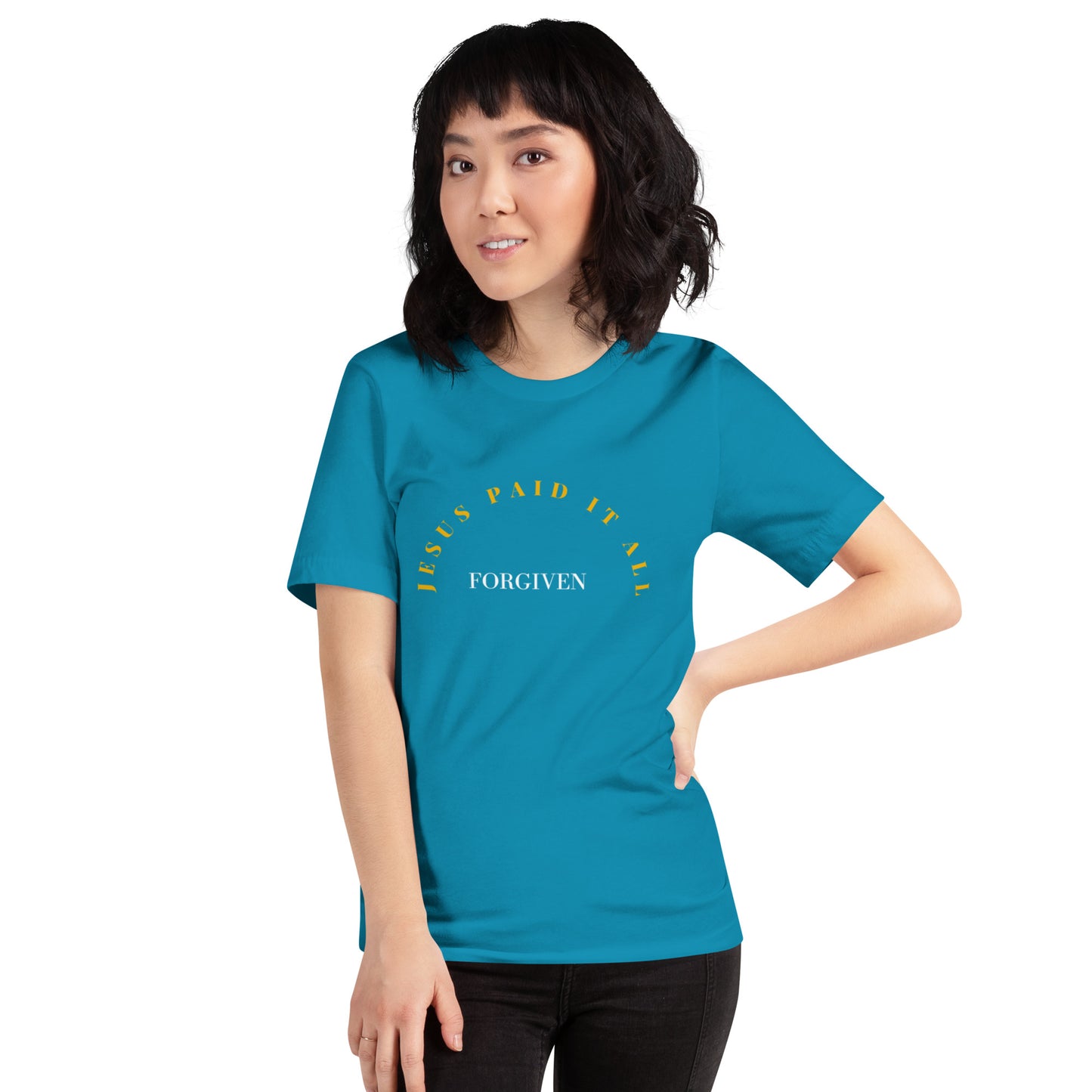 Unisex Stretchy T-shirt: "Forgiven - Jesus Paid it All" in Gold script