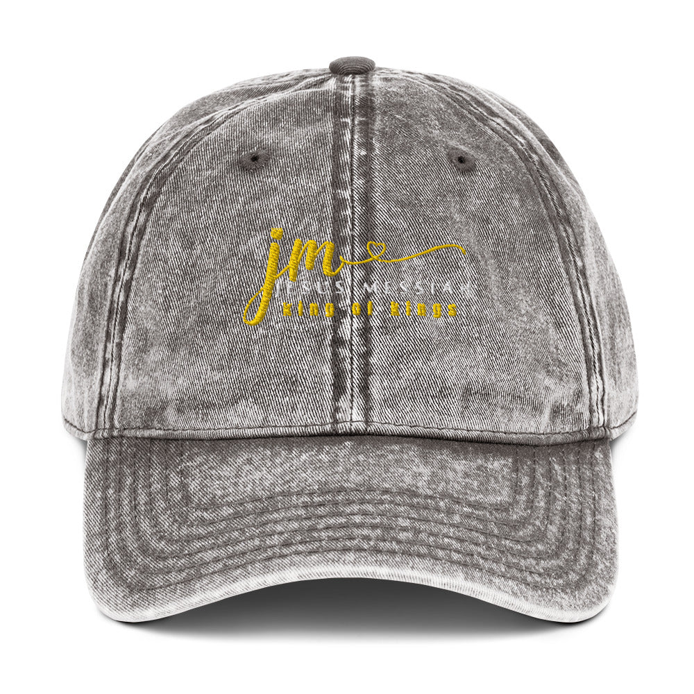 Embroidered Vintage Cotton Twill Cap-Unisex: "JM-Jesus Messiah" in Gold script