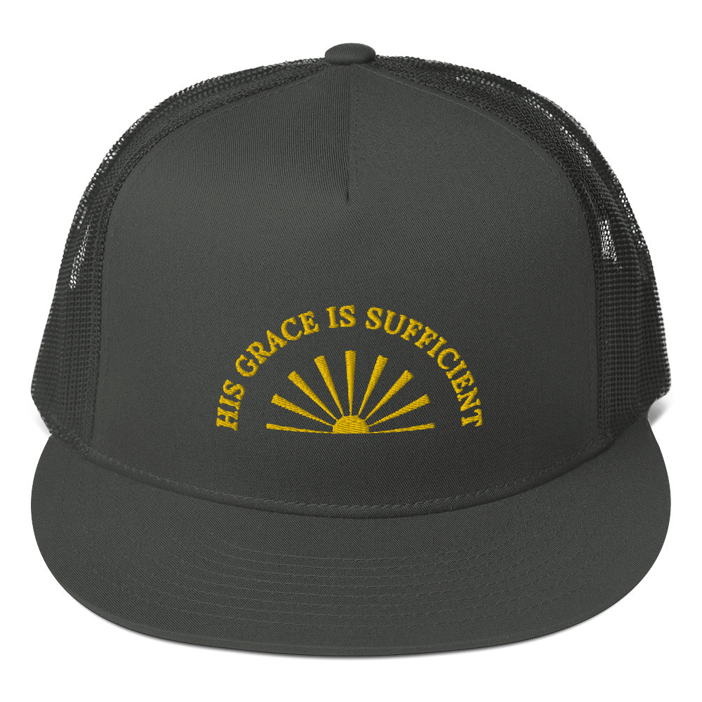 Fabulous Trucker Cap: "His Grace is Sufficient" in Gold print