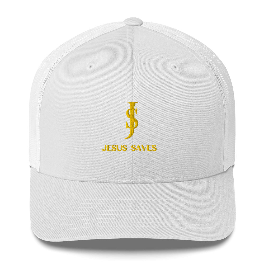 Trucker Cap Mesh-back: "JS- Jesus Saves" in Gold script
