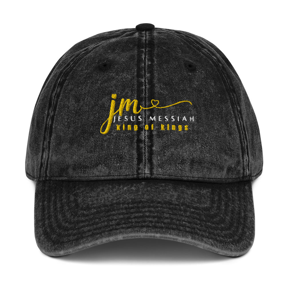 Embroidered Vintage Cotton Twill Cap-Unisex: "JM-Jesus Messiah" in Gold script