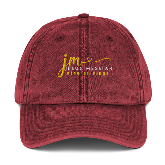 Embroidered Vintage Cotton Twill Cap-Unisex: "JM-Jesus Messiah" in Gold script