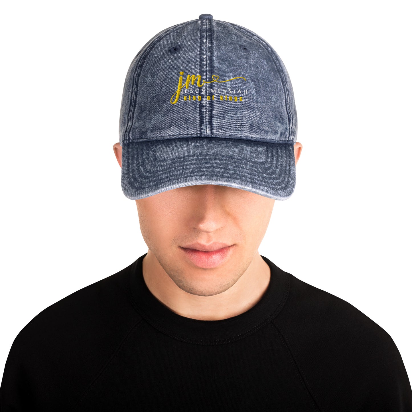 Embroidered Vintage Cotton Twill Cap-Unisex: "JM-Jesus Messiah" in Gold script