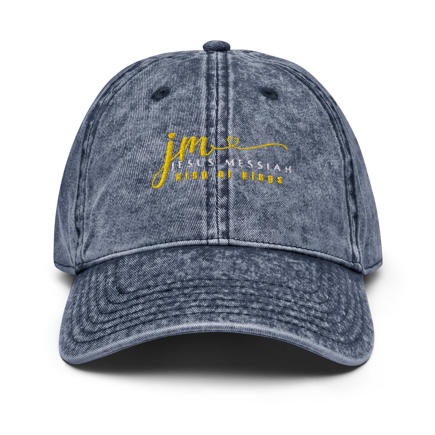 Embroidered Vintage Cotton Twill Cap-Unisex: "JM-Jesus Messiah" in Gold script