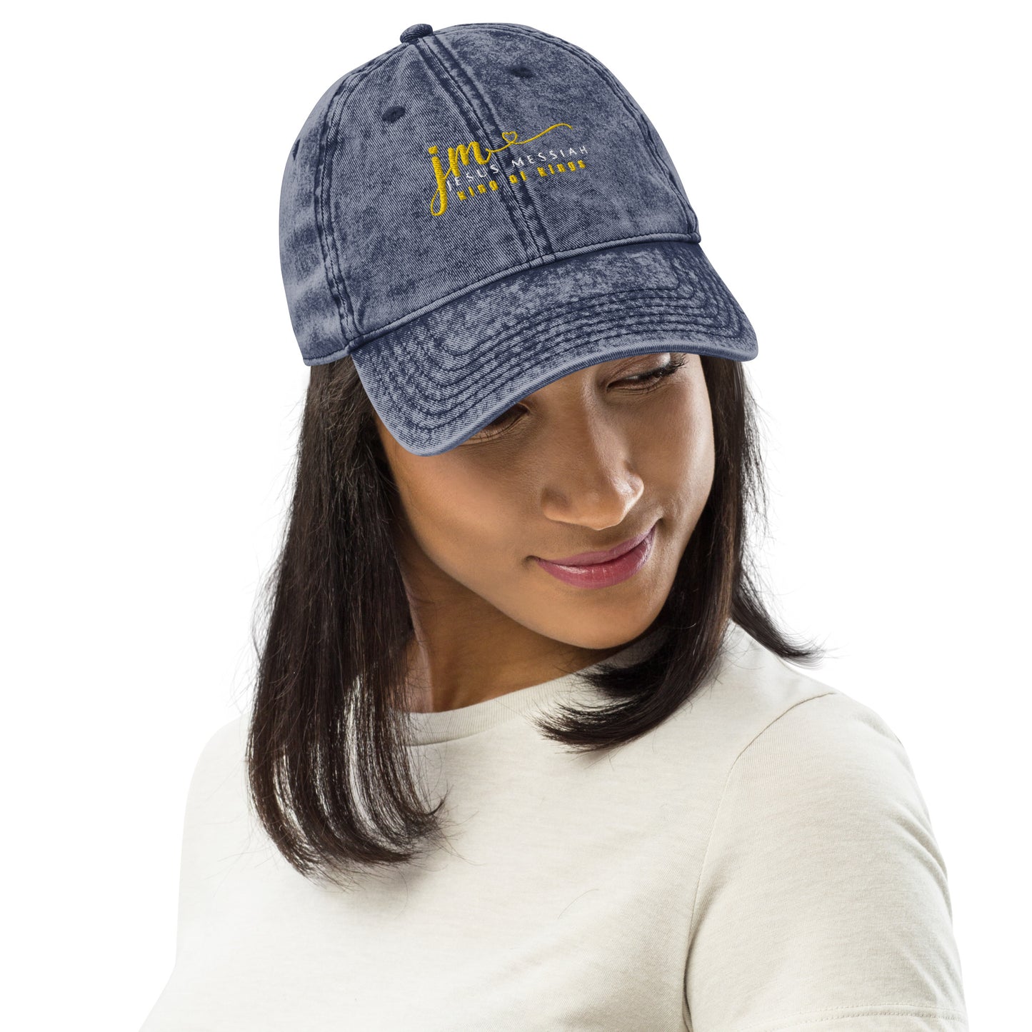 Embroidered Vintage Cotton Twill Cap-Unisex: "JM-Jesus Messiah" in Gold script