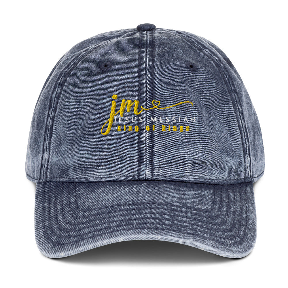Embroidered Vintage Cotton Twill Cap-Unisex: "JM-Jesus Messiah" in Gold script