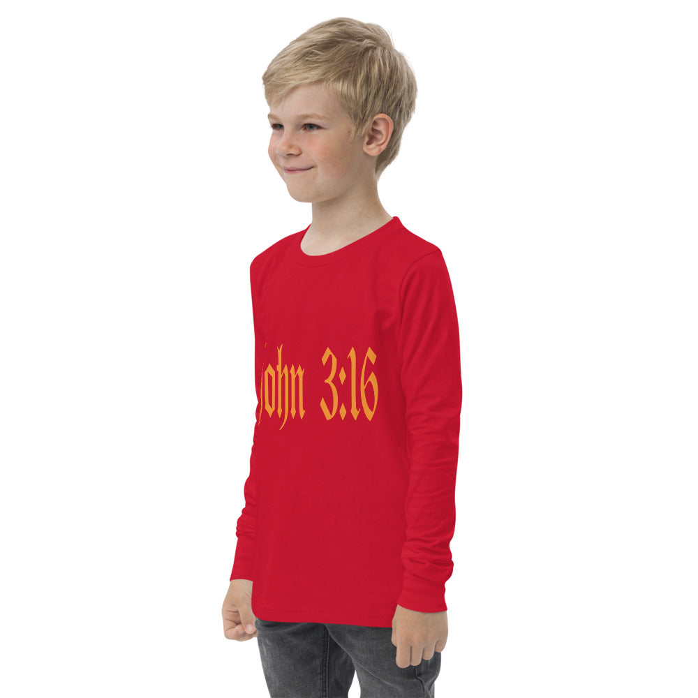 Youth Long Sleeve "John 3:16"  in Gold Print - For God so Love the World.....